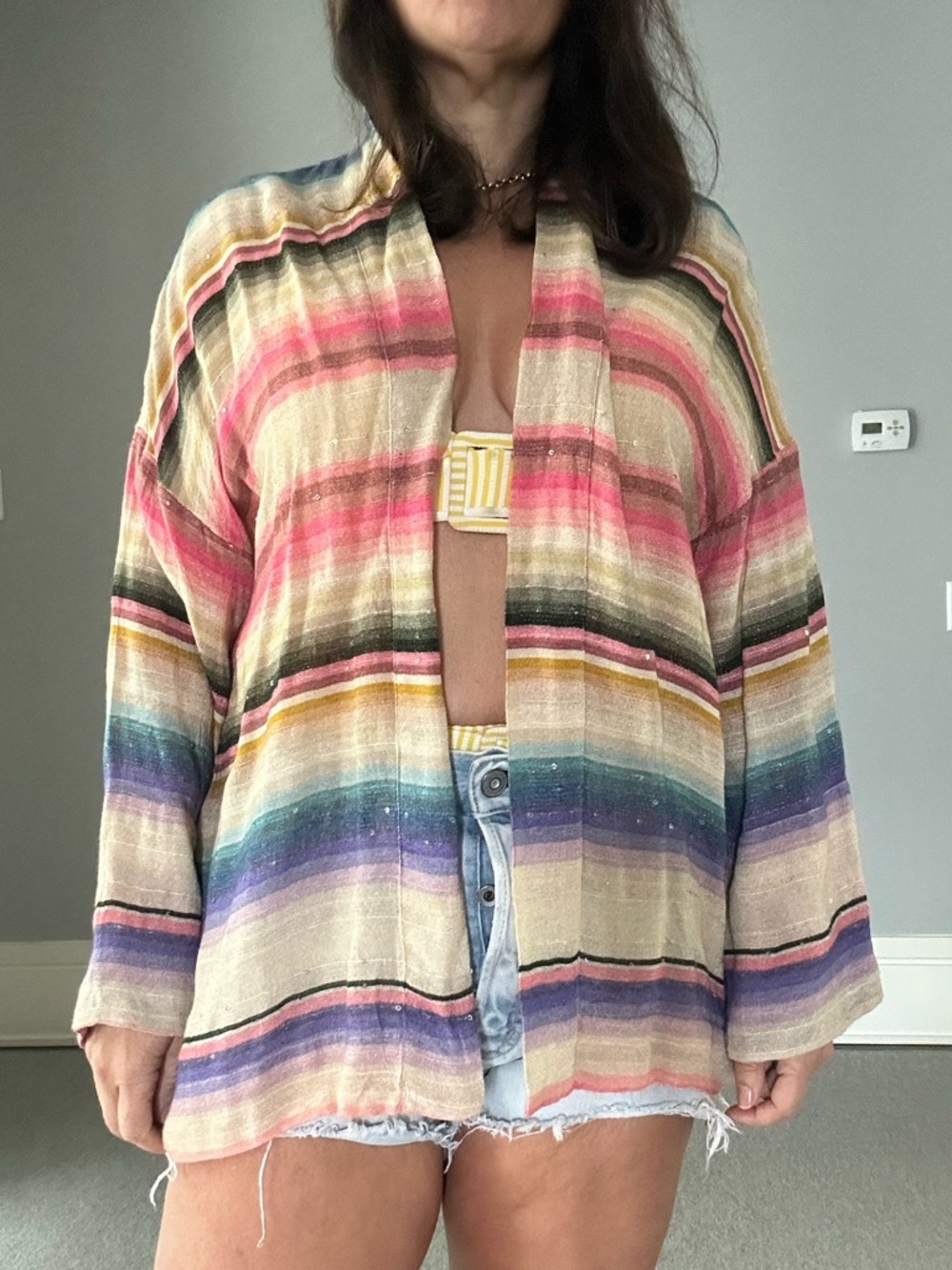 Lightweight Striped Open Cardigan in Rainbow Neutrals